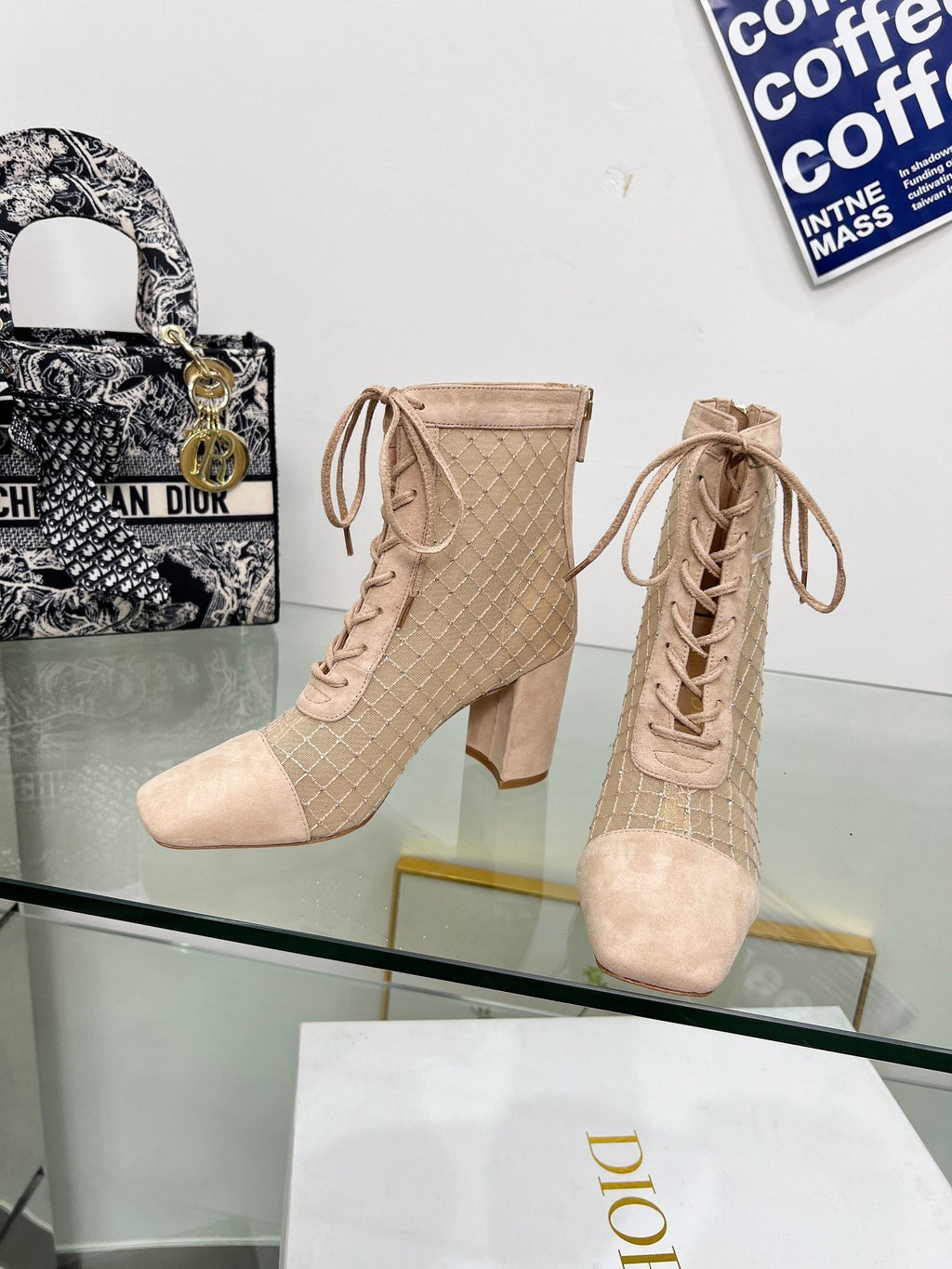 DIOR NAUGHTILY-D HEELED ANKLE BOOT IN BISQUE BEIGE EMBROIDERED MESH AND SUEDE 8 CM