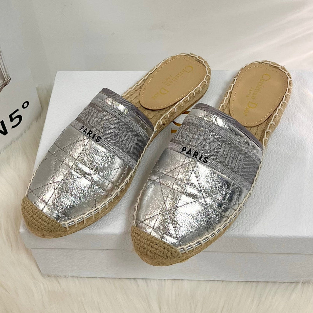 DIOR GRANVILLE ESPADRILLE MULE SILVER QUILTED CANNAGE CALFSKIN