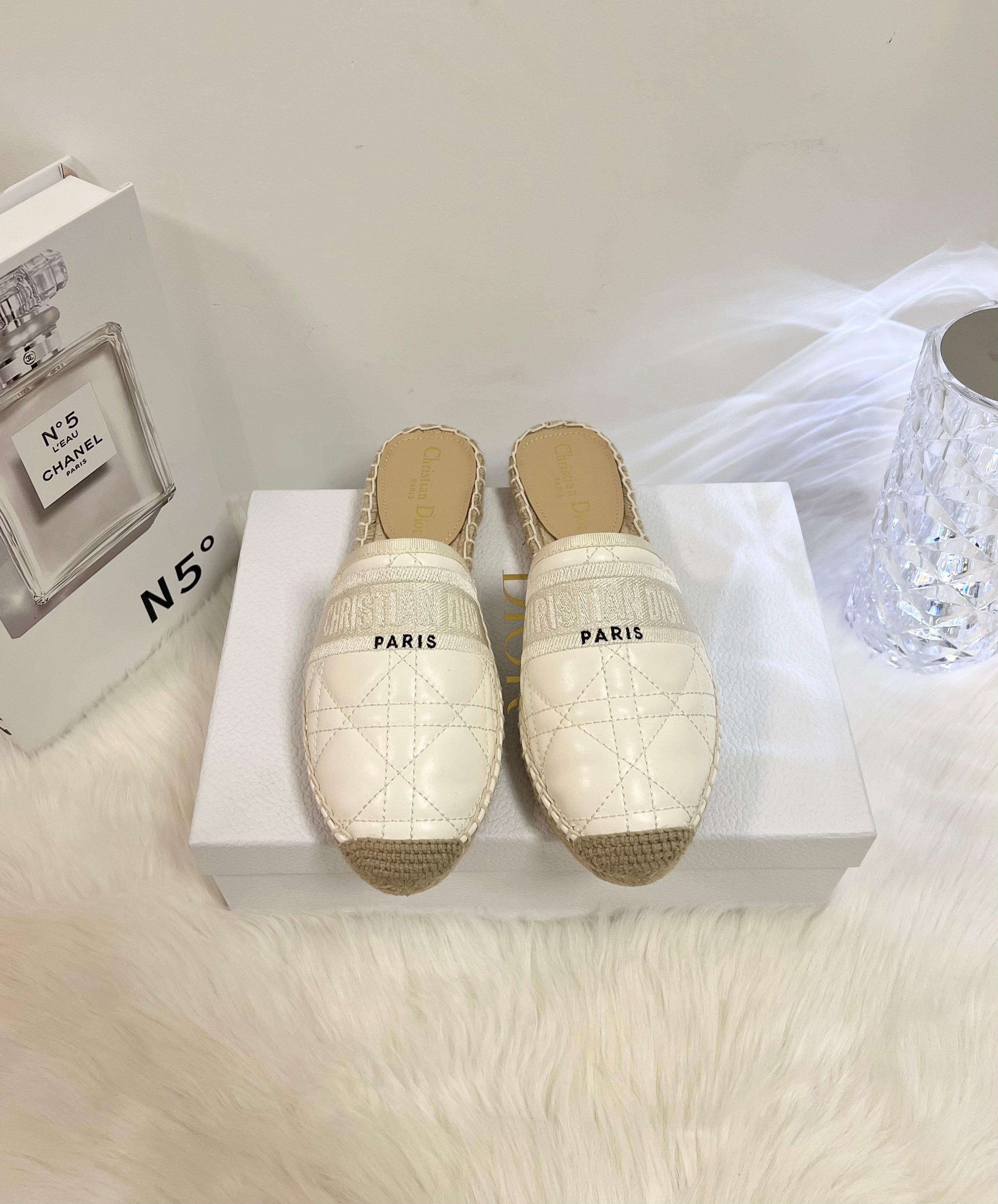 DIOR GRANVILLE ESPADRILLE MULE WHITE QUILTED CANNAGE CALFSKIN