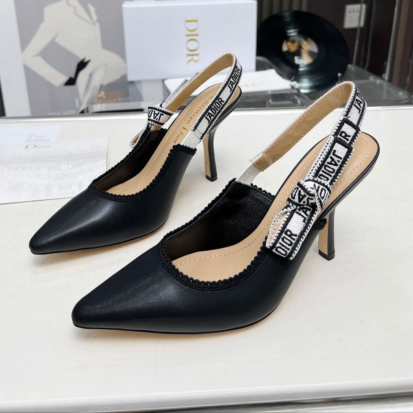 DIOR J'A SLINGBACK PUMP BLACK CALFSKIN AND BLACK EMBROIDERED FABRIC 10 CM