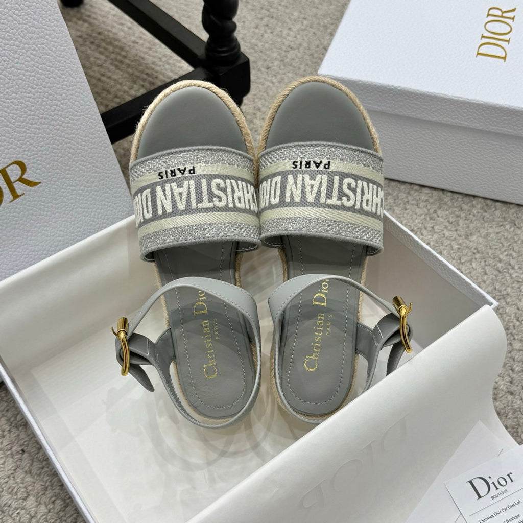 DIOR DWAY WEDGE SANDAL 25S 95MM IN GRAY EMBROIDERED COTTON RAFFIA SOLE