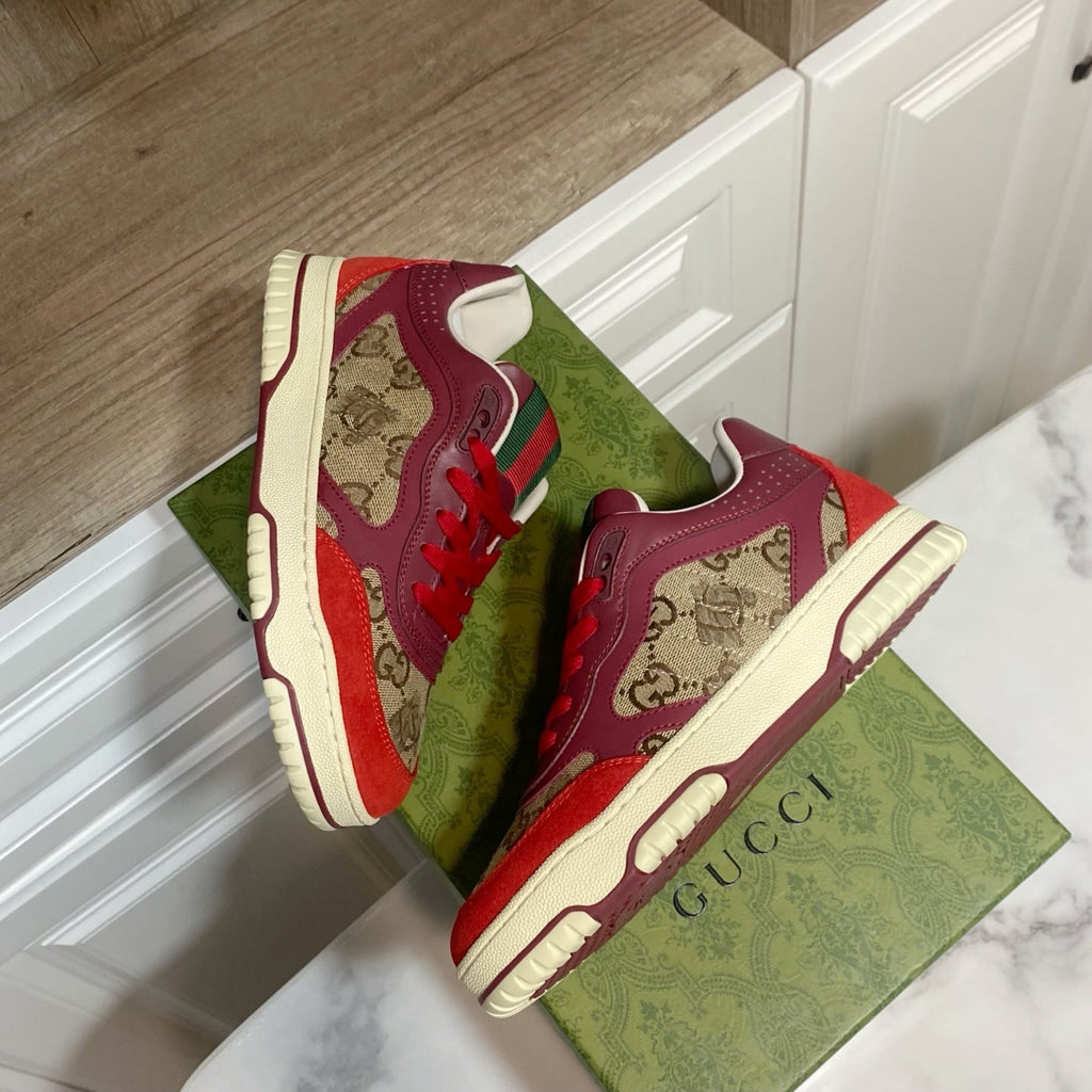GUCCI 26S RE-WEB TRAINER SNEAKERS IN RED CALFSKIN AND BEIGE CANVAS