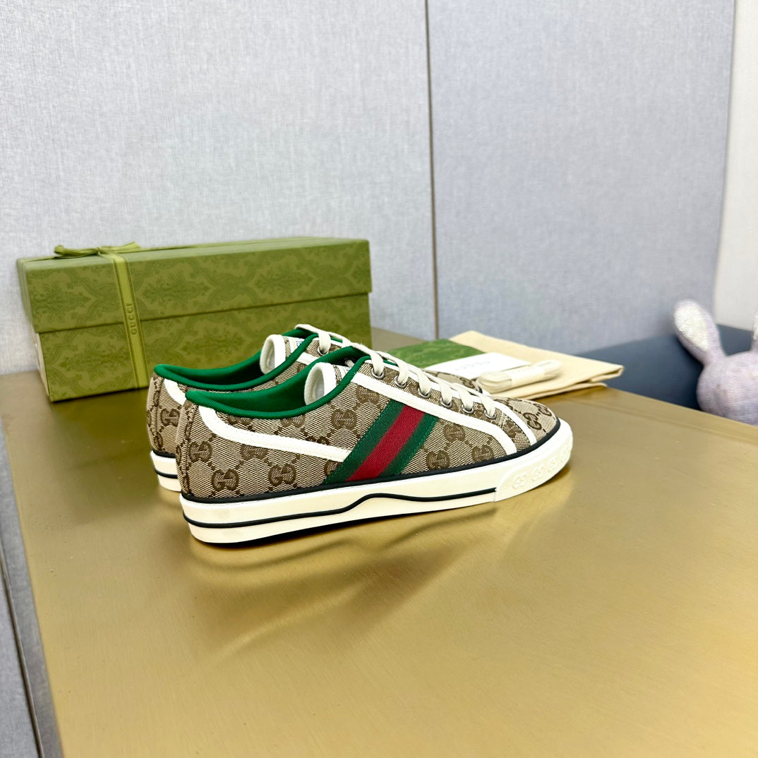 GUCCI TENNIS 1977 TRAINER LIGHT BROWN CANVAS WITH BLACK TRIM