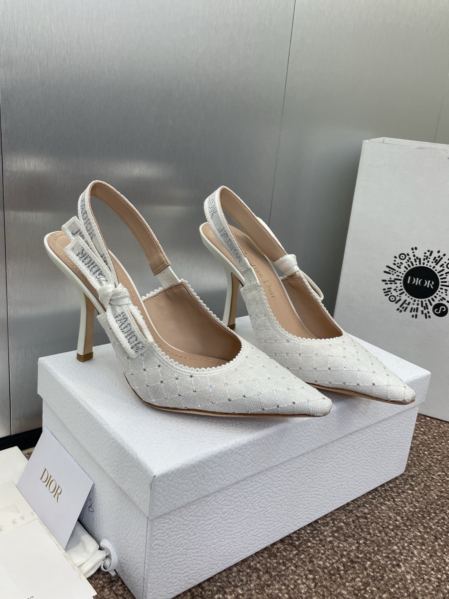DIOR J'A SLINGBACK 25S PUMP 95MM IN WHITE FABRIC EMBOSSED CRYSTAL